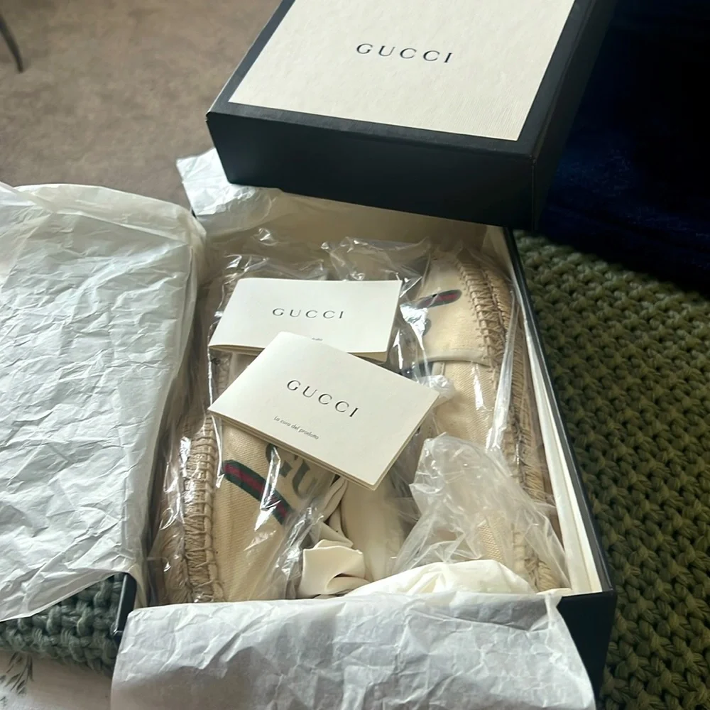 GUCCI Women's GG Logo EU 39 Web cream color Canvas Espadrilles Flats - Picture 8 of 16